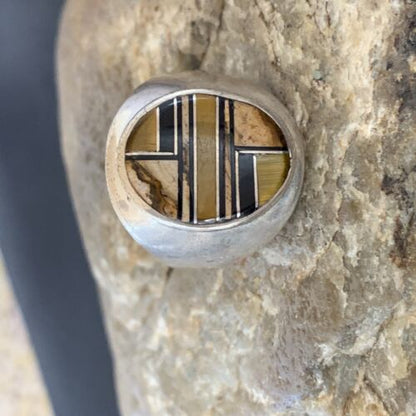 Men's Navajo Black Onyx & Tigers Eye Inlay Sterling Silver Ring | Sz 10 | Handmade Jewelry | 10730