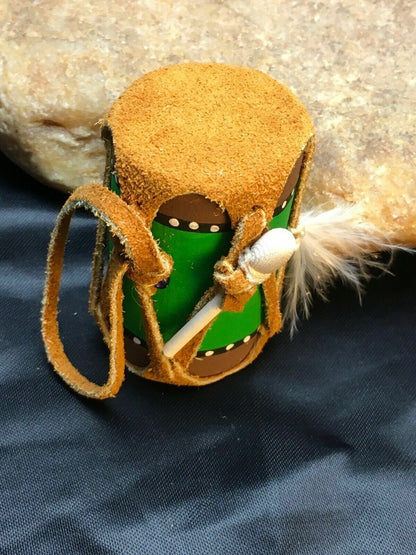 Navajo Leather Drum Car Charm | 2" Mirror Dangler | Handmade Miniature | 8923