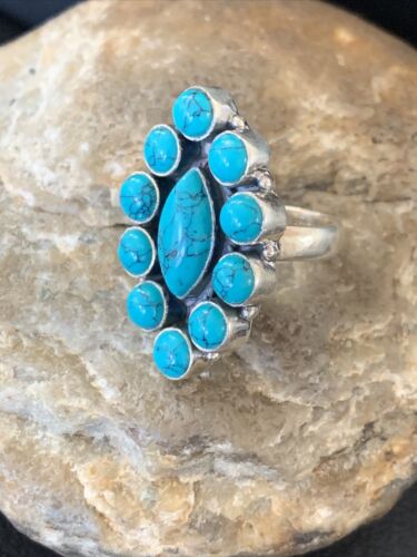 Navajo Blue Cluster Turquoise Ring | Authentic Native American Sterling Silver | Multi-Stone | Sz 7 | 12305