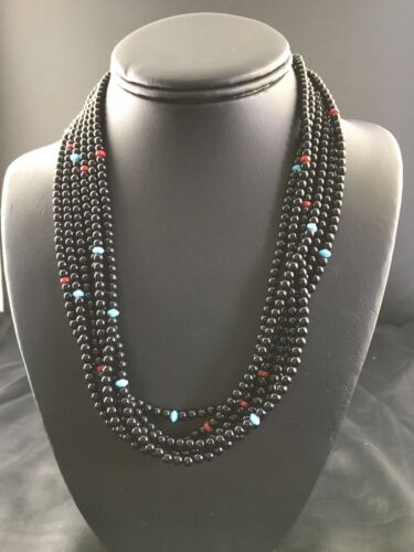 Navajo Black Onyx Coral Turquoise Bead Necklace | Sterling Silver | 18" | Authentic Native American Handmade | 10171
