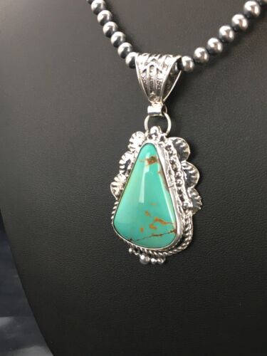 Men's Royston Turquoise Pendant | Sterling Silver Navajo Pearl Necklace | Authentic Native American Handmade | 2525