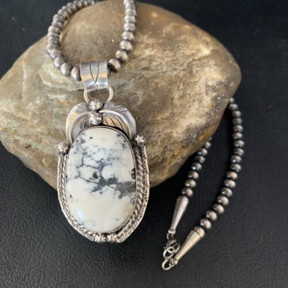 White Buffalo Turquoise Pendant Necklace | Sterling Silver | Navajo | Authentic Native American Handmade | 14052