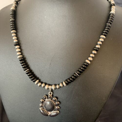 Navajo Pearl Black Onyx Necklace with Pendant | Sterling Silver | 22" | Authentic Native American Handmade | 12279