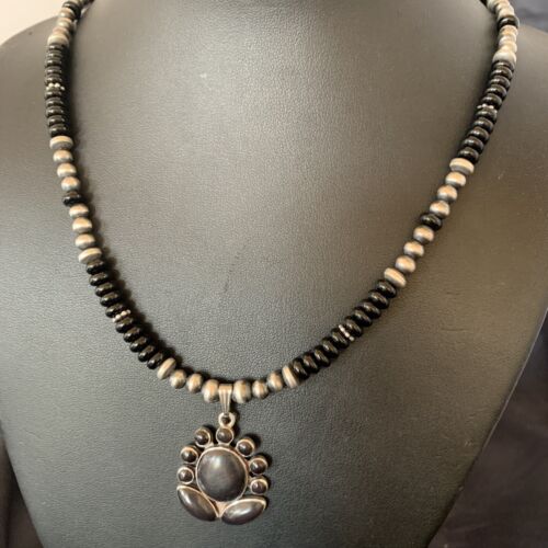Navajo Pearl Black Onyx Necklace with Pendant | Sterling Silver | 22" | Authentic Native American Handmade | 12279
