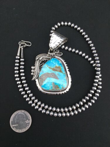 Navajo Pearls Kingman Turquoise Pendant Necklace | Sterling Silver | Native American Handmade | 4819