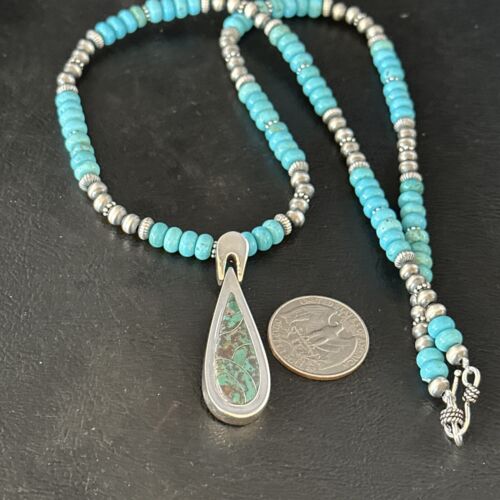 Navajo Blue Turquoise Pendant Necklace | Sterling Silver | 22" | Authentic Native American Handmade | 14603