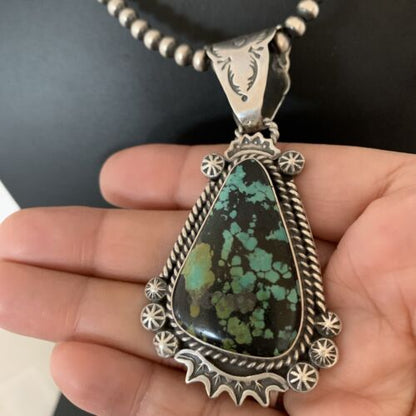 Men's Navajo Green Spiderweb Turquoise Pendant | Sterling Silver Necklace | Authentic Native American Handmade | 01978