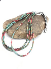 Royston Turquoise & Spiny Oyster Necklace | 4 Strand Navajo Sterling Silver | Authentic Native American Handmade | 4899