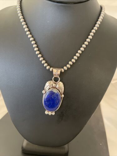 Native American Men's Navajo Pearl Pendant Necklace | Sterling Silver Blue Lapis | 01527