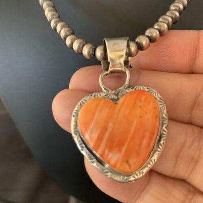 Navajo Orange Heart Spiny Oyster Pendant | Sterling Silver Necklace | Authentic Native American Handmade | 13949