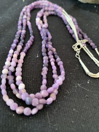 Navajo Sugilite Beads Liquid Heishi Necklace | 3 Strands Sterling Silver Tubes | Authentic Native American Handmade | 850