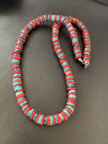 Navajo Men's Heishi Turquoise Coral Necklace | Sterling Silver | 20" | Authentic Native American Handmade | 11773
