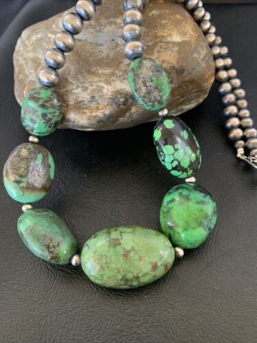 Chunky Navajo Graduated Natural Green Turquoise Necklace | Sterling Silver | Authentic Native American | 18" | 11769