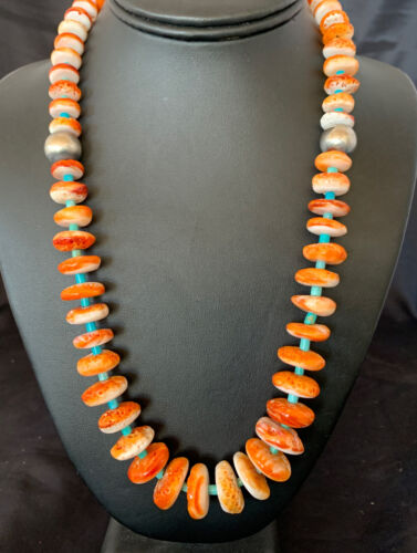 Authentic Native American Navajo Necklace | Orange Spiny Oyster & Turquoise | Sterling Silver | 22" Graduated | 11388