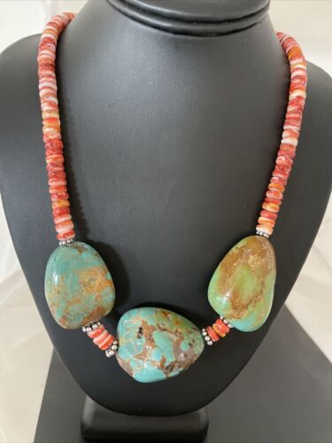 Chunky Turquoise and Red Spiny Oyster Necklace | Navajo Pearls | Sterling Silver | 22" | Native American Handmade | 1238 - Masha USA