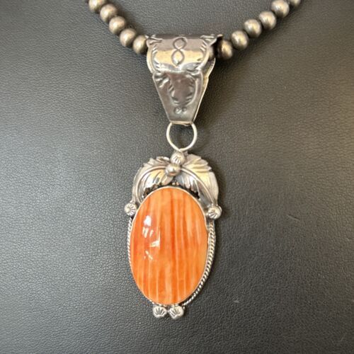 Navajo Pearls Orange Spiny Oyster Necklace Pendant | Sterling Silver | Authentic Native American Handmade | 14717