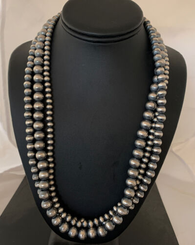 Navajo Sterling Silver 3-Strand Necklace | 6, 8, 10mm | 21" | 93921 - Masha USA