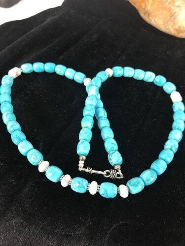 Navajo Blue Turquoise & Howlite Necklace | Sterling Silver | 21" | Authentic Native American Handmade | 3395 - Masha USA