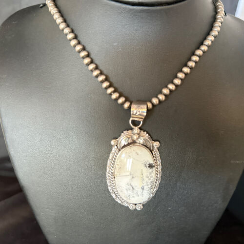 Navajo White Buffalo Turquoise Pendant Necklace | Sterling Silver | Authentic Native American Handmade | 14244