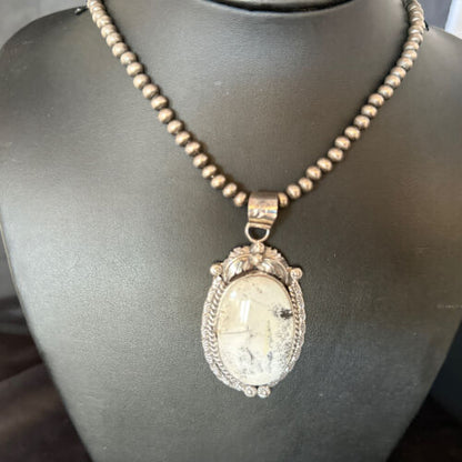 Navajo White Buffalo Turquoise Pendant Necklace | Sterling Silver | Authentic Native American Handmade | 14244