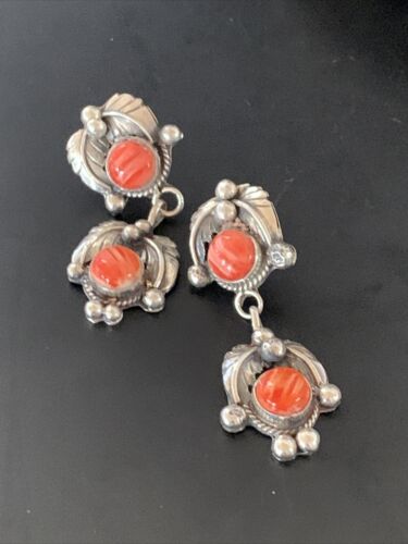 Navajo Red Spiny Oyster Dangle Earrings | Sterling Silver | Authentic Native American Handmade | 2059