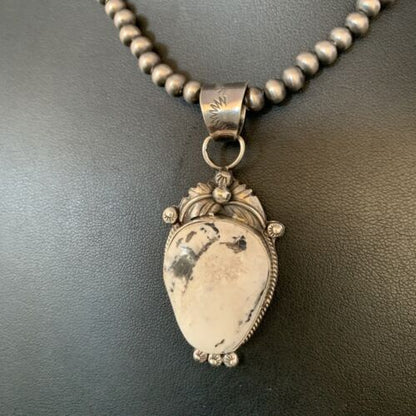 Men's Navajo Pearl White Buffalo Turquoise Necklace Pendant | Sterling Silver | Native American | 13739