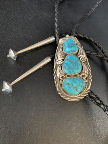 Ultra Rare Navajo Men's Bolo Tie | Blue Kingman Turquoise | Sterling Silver | Native American Handmade | 13668