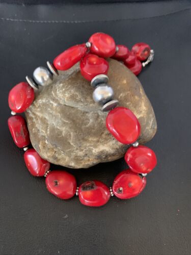 Navajo Red Coral Bead Necklace | Sterling Silver | Graduated | Authentic Native American | 21" | 13199