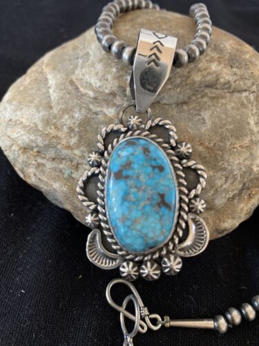 Navajo Sterling Silver Necklace with Spiderweb Kingman Turquoise Pendant | Authentic Native American Handmade | 00689