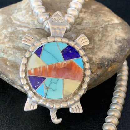 Turtle Inlay Pendant | Navajo Lapis Turquoise Sterling Necklace 24" | Handmade Southwestern Jewelry | 13680
