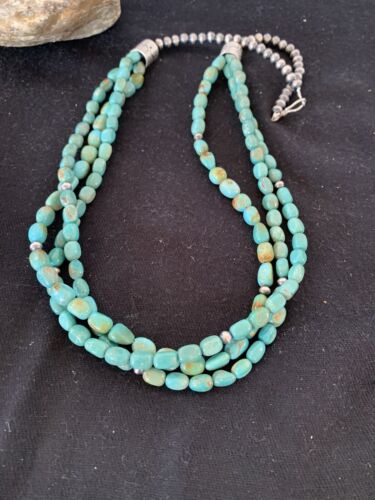 Navajo Royston Turquoise Necklace | 3 Strand | Sterling Silver | Authentic Native American Handmade | 494