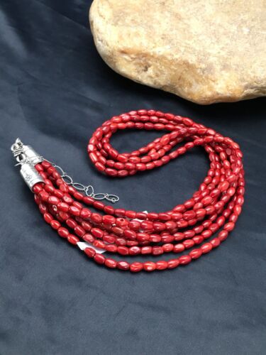 Navajo Red Bamboo Coral 4 Strand Necklace | Sterling Silver | 21" | Authentic Native American Handmade | 2875 - Masha USA