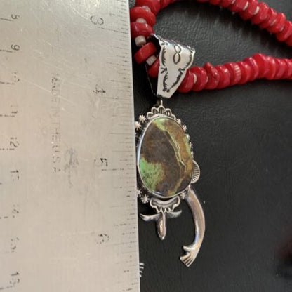 Navajo Green Gaspeite Naja Pendant with Red Coral | Sterling Silver | 23" Necklace | Authentic Native American Handmade | 11165