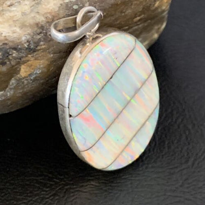 Navajo White Fire Opal Inlay Pendant | Sterling Silver | Authentic Native American Handmade | 13144