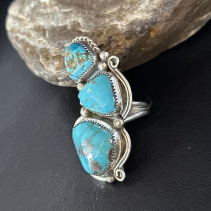 Navajo Blue Kingman Turquoise Multi-Stone Ring | Authentic Native American Sterling Silver | Sz 9.5 | 14551