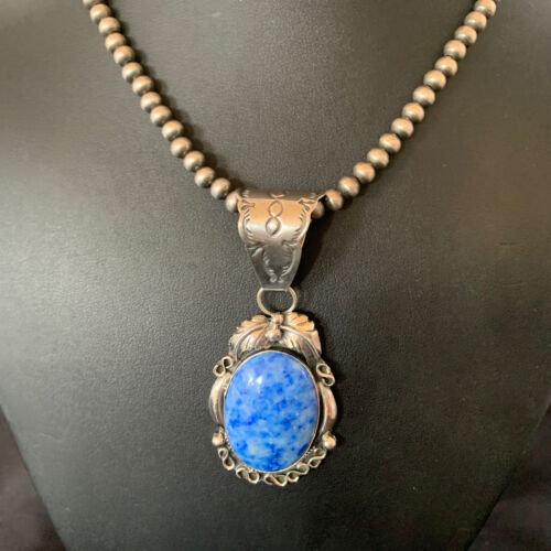 Navajo Denim Lapis Necklace Pendant | Sterling Silver Pearls | Authentic Native American Handmade | 12436