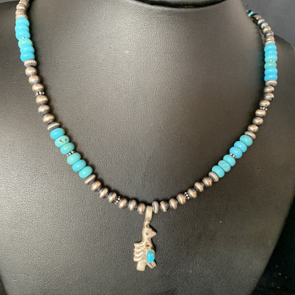 Navajo Blue Turquoise Inlay Pendant Necklace | Sterling Silver | Native American Handmade | 13837