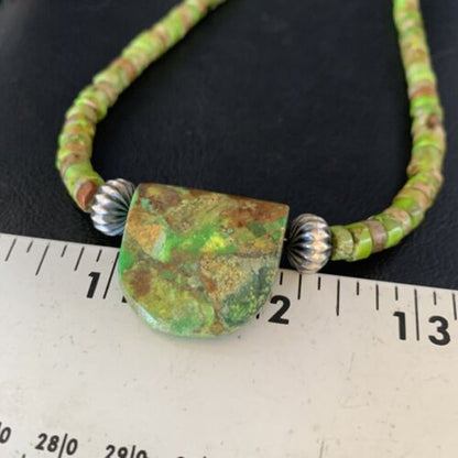 Navajo Green Gaspeite Turquoise Pendant | Sterling Silver | Authentic Native American Handmade | 13913