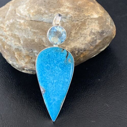 Navajo Blue Topaz Turquoise Pendant | Sterling Silver | 3" | Authentic Native American Handmade | 10709