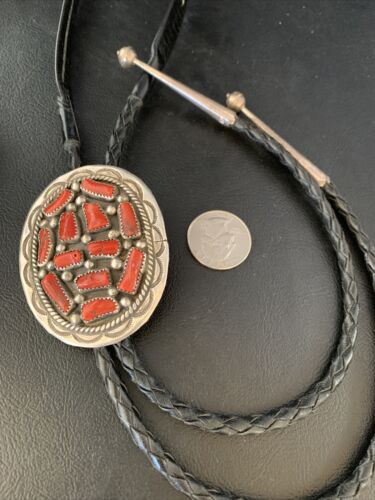 Navajo Men's Bolo Tie | Natural Red Coral Cluster | Sterling Silver | Authentic Native American Handmade | 13671