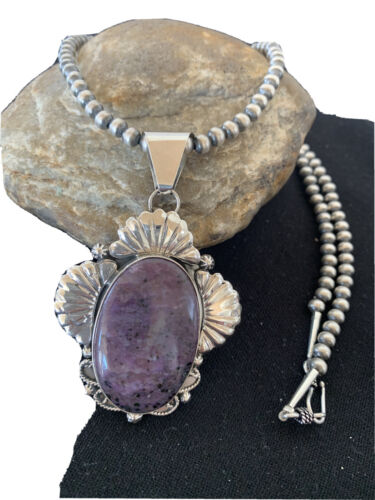 USA Men Navajo Pearls Sterling Silver Purple Sugilite Pendant Necklace 1537