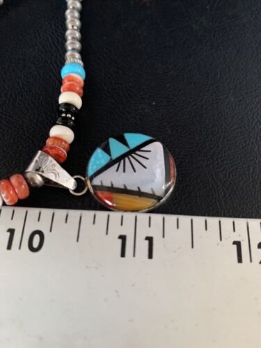 Zuni Multi-Color Turquoise Onyx Necklace | Sterling Silver Inlay Pendant | Native American Handmade | 13564