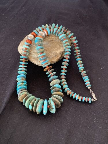 Navajo Natural Blue Turquoise & Spiny Oyster Necklace | Sterling Sliver | Graduated | Authentic Native American | 28" | 330