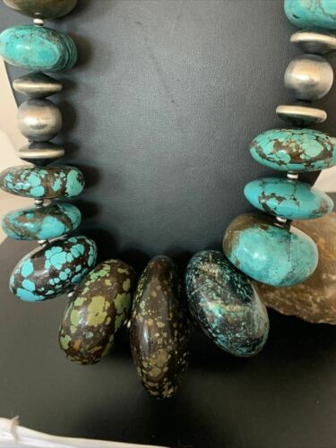 Men's Navajo Pearl Sterling Silver & Natural Blue Turquoise Graduated Necklace | Authentic Native American | 21"