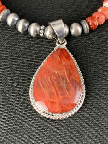 Red Spiny Oyster Pendant | Sterling Silver Navajo Pearls Necklace | Authentic Native American Handmade | 4960