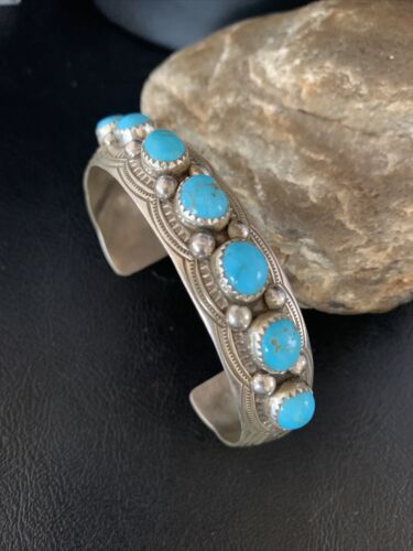 Men's Blue Kingman Turquoise Cuff Bracelet | Sterling Silver | 7 Stone | Authentic Native American Handmade | 14137