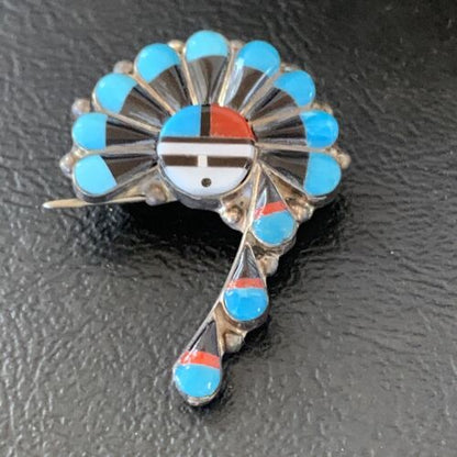 Zuni Turquoise Mother of Pearl Onyx Inlay Sun Face Necklace Pin Pendant | Sterling Silver | 1679