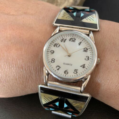 Navajo Men's Watch Tips | Sterling Silver with Onyx, Coral, Turquoise Inlay | Authentic Native American Jewelry | 11576