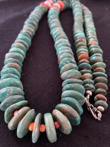 Authentic Native American Navajo Necklace | Sterling Silver | Green Turquoise & Spiny Oyster | 32" | 1670