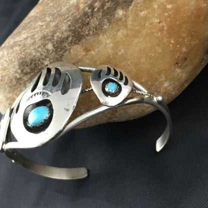 Navajo Turquoise Bear Paw Cuff Bracelet | Sterling Silver | Authentic Native American Handmade | 10242